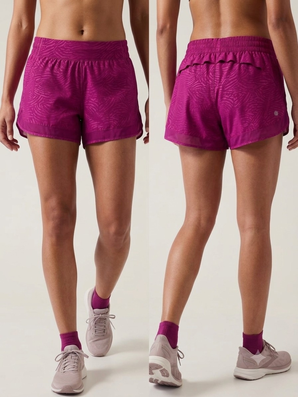 Athleta Printed Mesh Racer Run Short 4" Magenta Purple Tiger Print Large